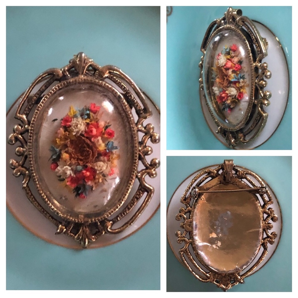 Vintage Dried Flowers Under Dome Bubble Brooch Pendant - Picture 4 of 9